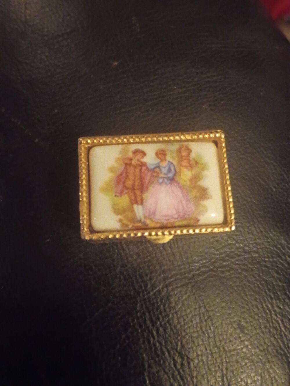 Vintage Italian Renaissance Style Rectangular Pill Trinket Box Porcelain Gold